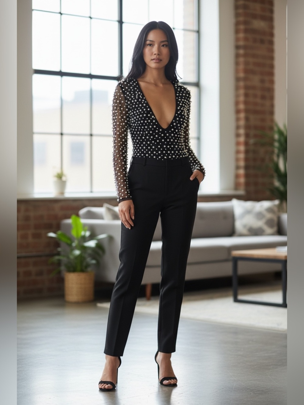 AKIRA NWT Black Pearl-Embellished Sheer Sleeve one piece top